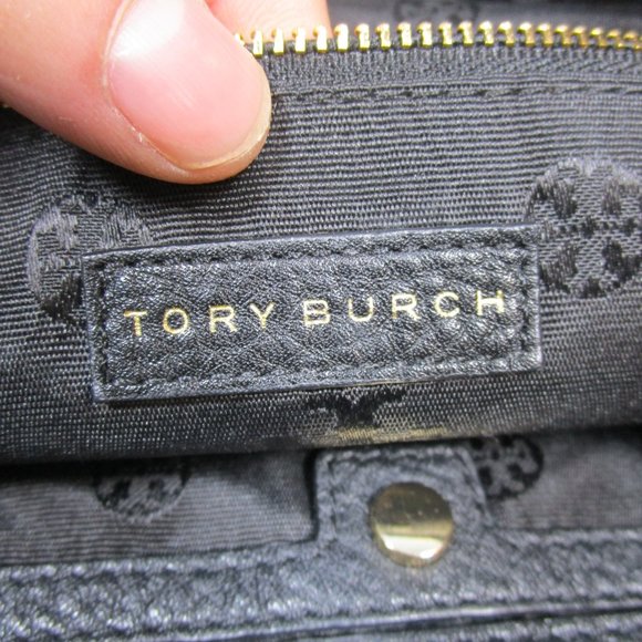 Tory Burch Tote Bag Black Letaher Logo Gold Chain - Picture 4 of 4